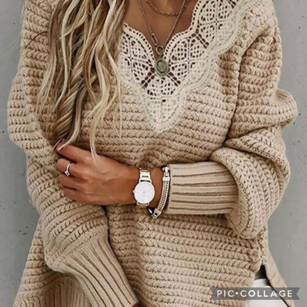 1 Left!! Gray Knit Sweater w/Lacy V - Picture 4 of 5